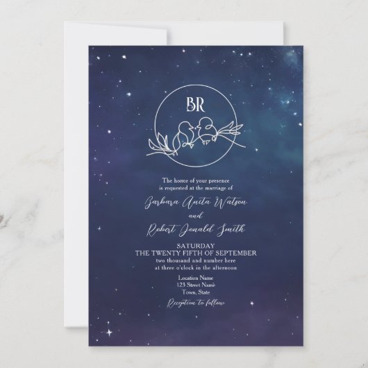 Faire-part de mariage à monogramme sous une nuit é (Devant)