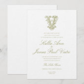 Faire-part de mariage à monogramme « V » vert oliv (Devant / Derrière)