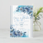 Faire-part de mariage à motif floral bleu (Debout devant)