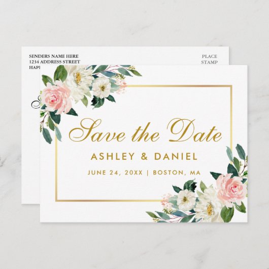 Faire-part de mariage à motif floral rose en aquar (Devant / Derrière)