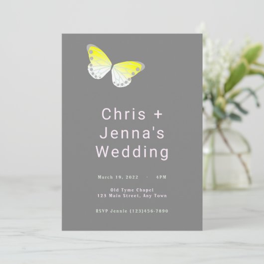 Faire-part de mariage à papillon blanc et jaune (Debout devant)
