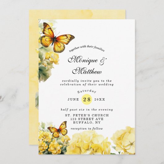 Faire-part de mariage à papillon jaune chic Hydran (Devant / Derrière)