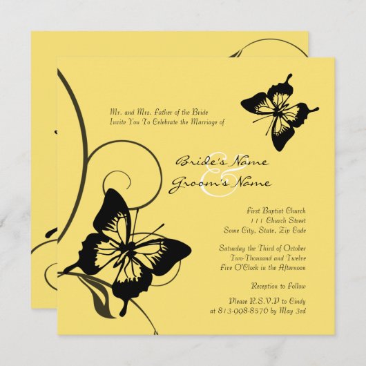 Faire-part de mariage à papillon noir et jaune (Devant / Derrière)