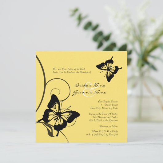 Faire-part de mariage à papillon noir et jaune (Debout devant)