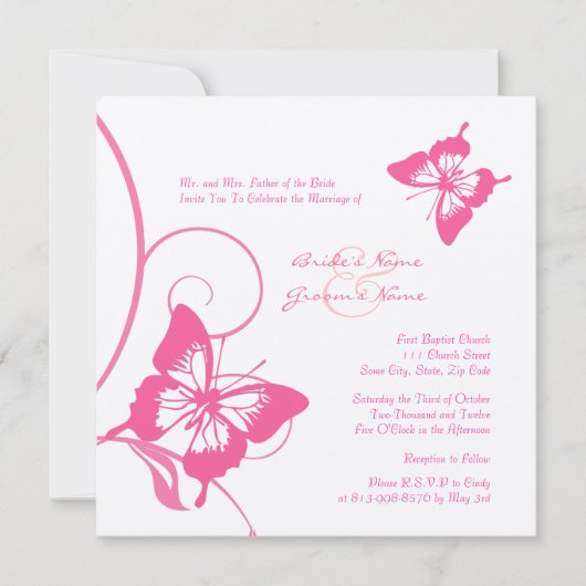 Faire-part de mariage à papillon rose et blanc (Devant)