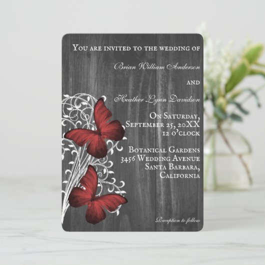 Faire-part de mariage à papillon rustique rouge (Debout devant)