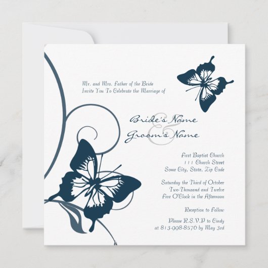Faire-part de mariage à papillons bleus et blancs (Devant)
