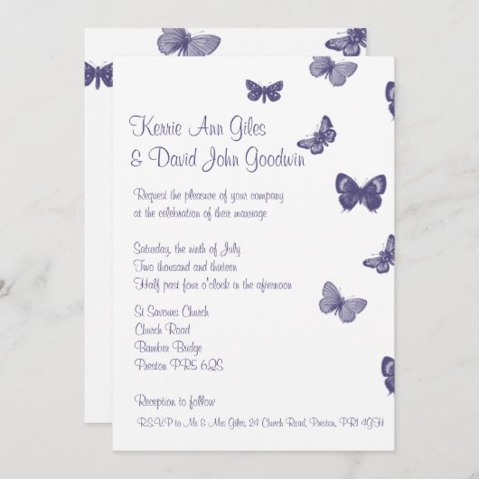 Faire-part de mariage à papillons mauves et blancs (Devant / Derrière)