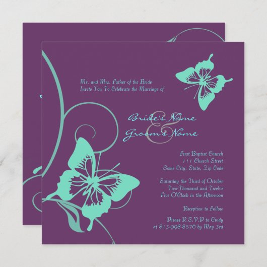 Faire-part de mariage à papillons violet et Turquo (Devant / Derrière)