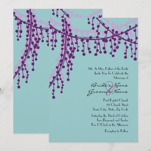 Faire-part de mariage à perles violettes et Turquo (Devant / Derrière)