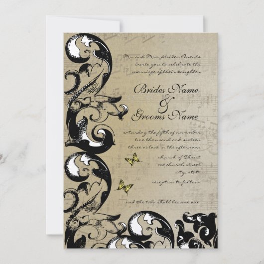 Faire-part de mariage à perruque à papillon jaune (Devant)