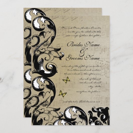 Faire-part de mariage à perruque à papillon jaune (Devant / Derrière)