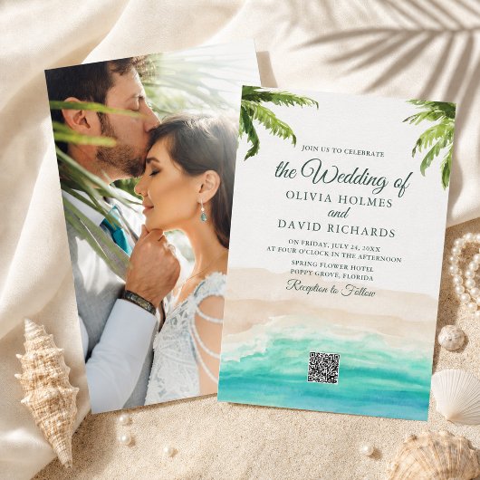 Faire-part de mariage à photo et code QR de plage