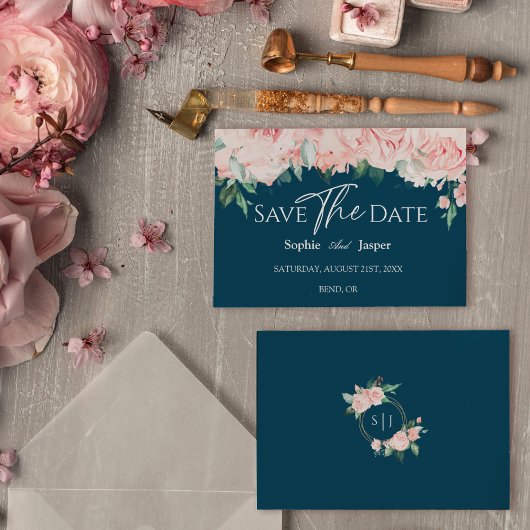 Faire-part de mariage à plat marine Fleur rose blu