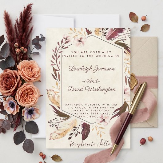 Faire-part de mariage à plumes boho