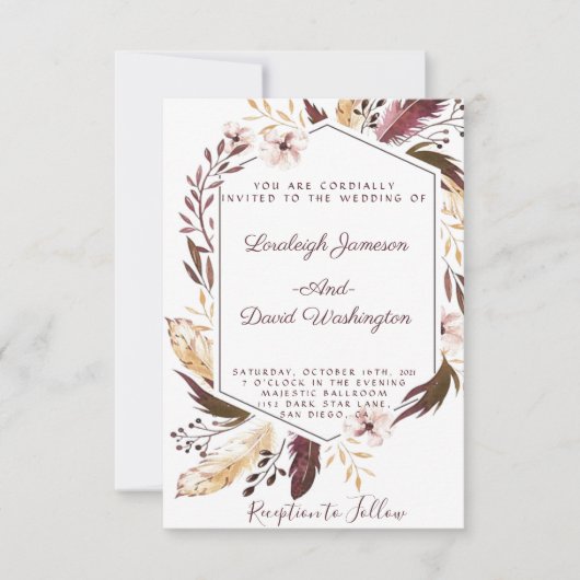 Faire-part de mariage à plumes boho (Devant)