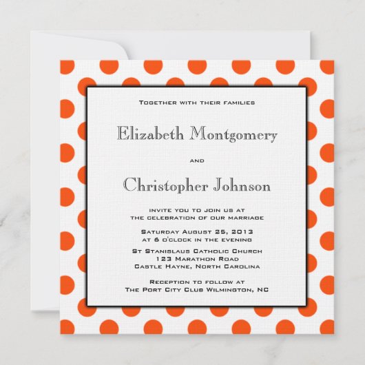 Faire-part de mariage à points Polka orange et bla (Devant)