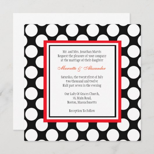 Faire-part de mariage à points polka rouge et noir (Devant / Derrière)