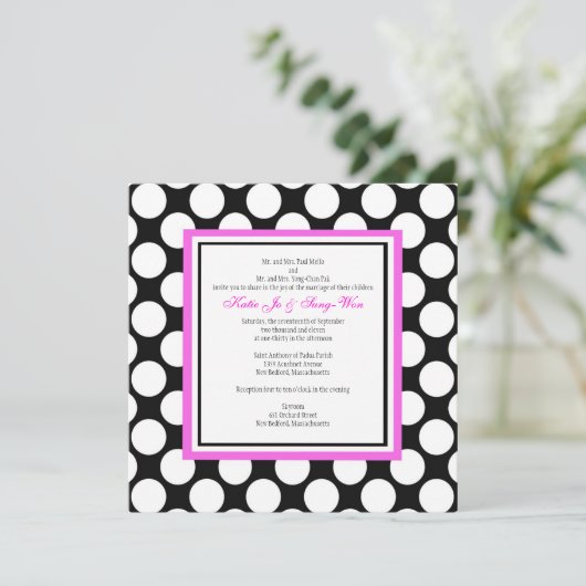 Faire-part de mariage à points rose et noir (Debout devant)
