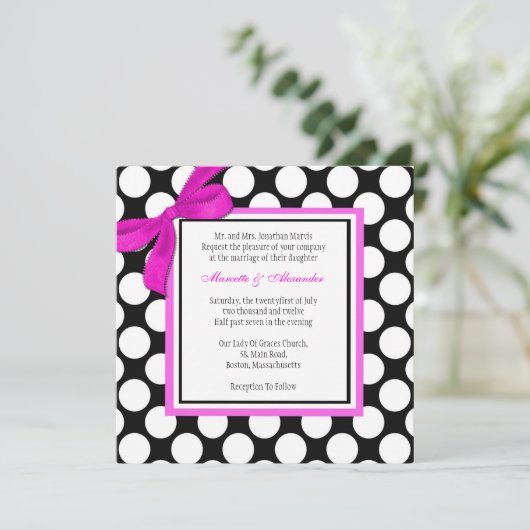 Faire-part de mariage à points rose et noir (Debout devant)