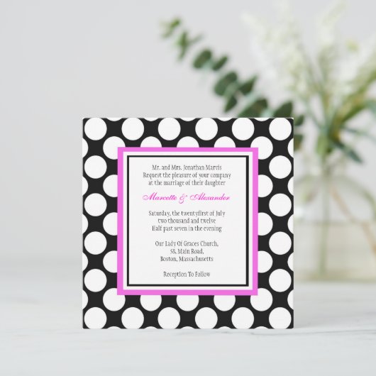 Faire-part de mariage à points rose et noir (Debout devant)