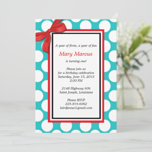 Faire-part de mariage à points rouges et Aqua Polk (Debout devant)