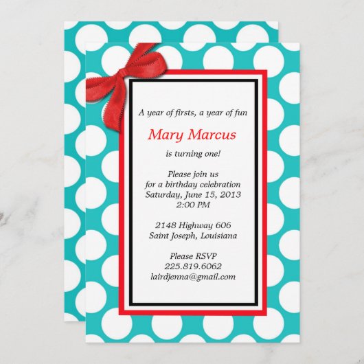 Faire-part de mariage à points rouges et Aqua Polk (Devant / Derrière)