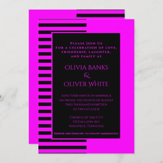 Faire-part de mariage à rayures rose et noire (Devant / Derrière)