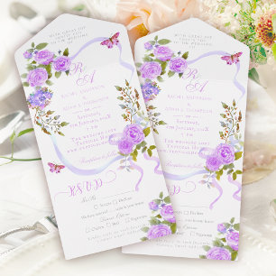 Faire-part de mariage à ruban de rose violet avec