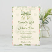 Faire-part de mariage à ruban gingham vert fleur s (Debout devant)