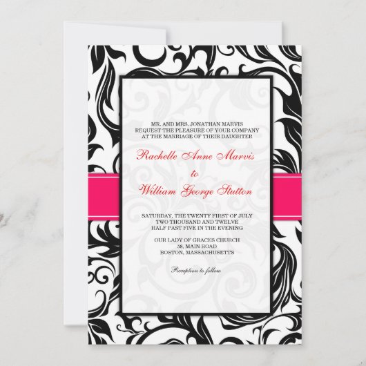 Faire-part de mariage à spirale noire et rose (Devant)