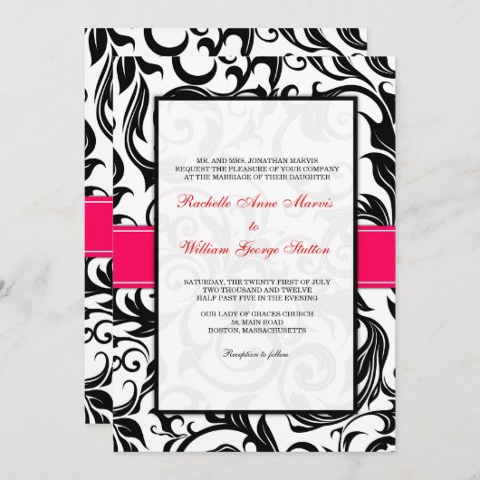 Faire-part de mariage à spirale noire et rose (Devant / Derrière)