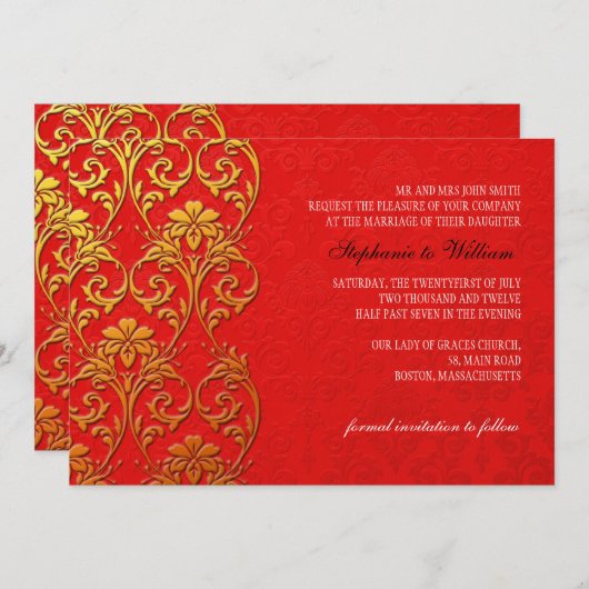 Faire-part de mariage à spirale rouge et or (Devant / Derrière)