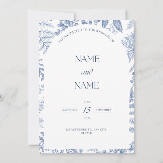 faire-part de mariage à thème bleu fleuri (Devant)