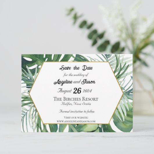 Faire-Part de Mariage à Thème de Feuilles Tropical (Debout devant)