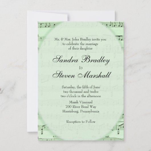 Faire-part de mariage à thème de musique en feuill (Devant)