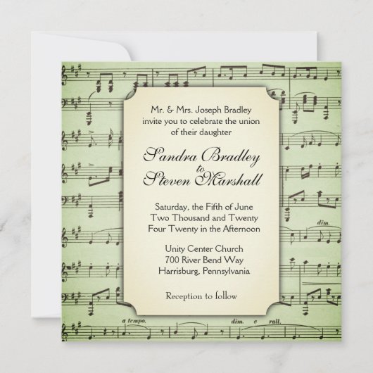 Faire-part de mariage à thème de musique vert (Devant)