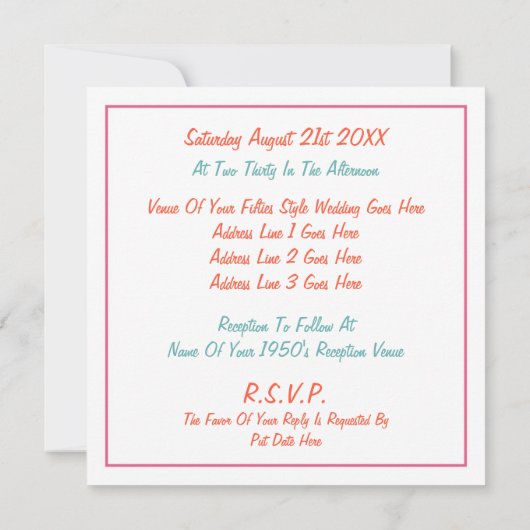 Faire-part de mariage à thème des années 1950 (Dos)