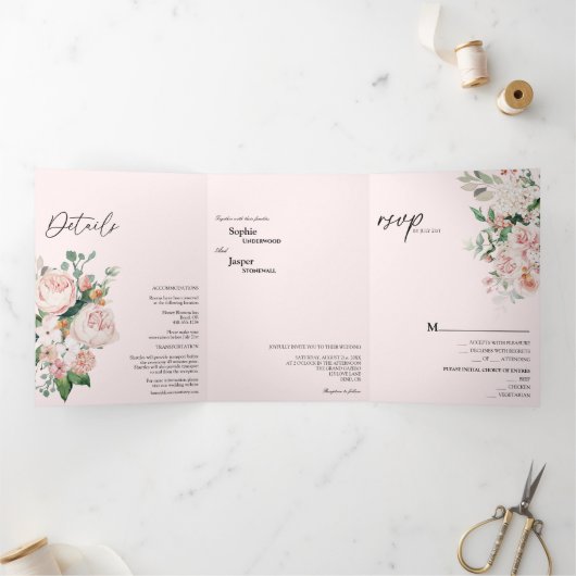 Faire-part de mariage à trois volets rose flou (Intérieur)