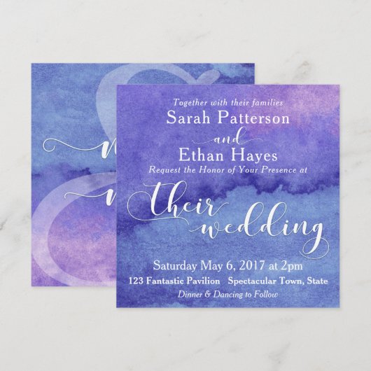 Faire-part de mariage à typographie blanche et aqu (Devant / Derrière)