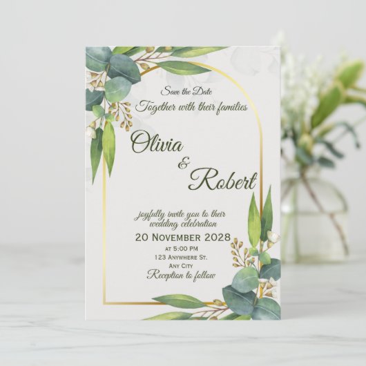 Faire-part de mariage à verdure minimale Arche dor (Debout devant)