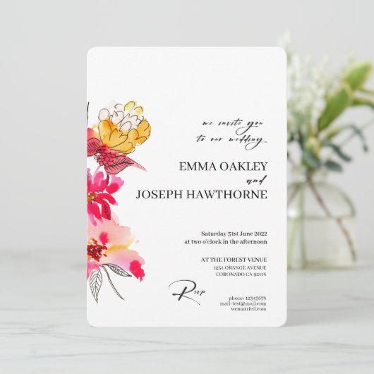 Faire-part de mariage abstrait à fleurs rose (Debout devant)