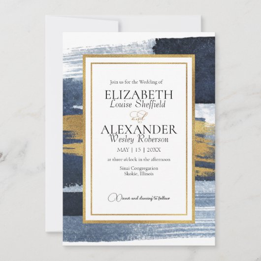 Faire-part de mariage Abstrait | Aquarelle bleu or (Devant)