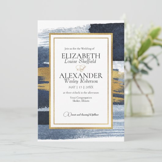 Faire-part de mariage Abstrait | Aquarelle bleu or (Debout devant)