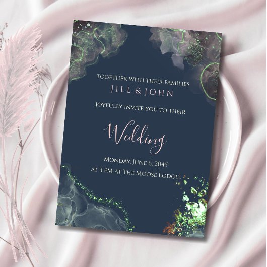 Faire-part de mariage abstrait vert marine rose