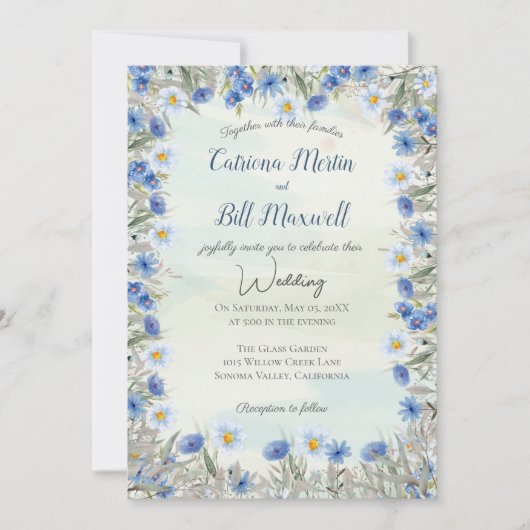 Faire-part de mariage acrylique Fleur sauvage bleu (Devant)