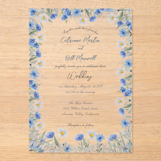 Faire-part de mariage acrylique floral bleu (Recto)