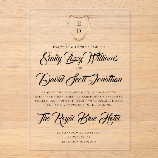 Faire-part de mariage acrylique monogramme sans te (Recto)