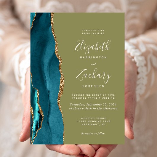Faire-part de mariage Agate sarcelle Or Vert olive
