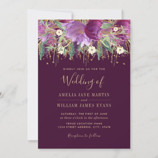 Faire-part de mariage Améthyste Pailleté Violet Or (Devant)